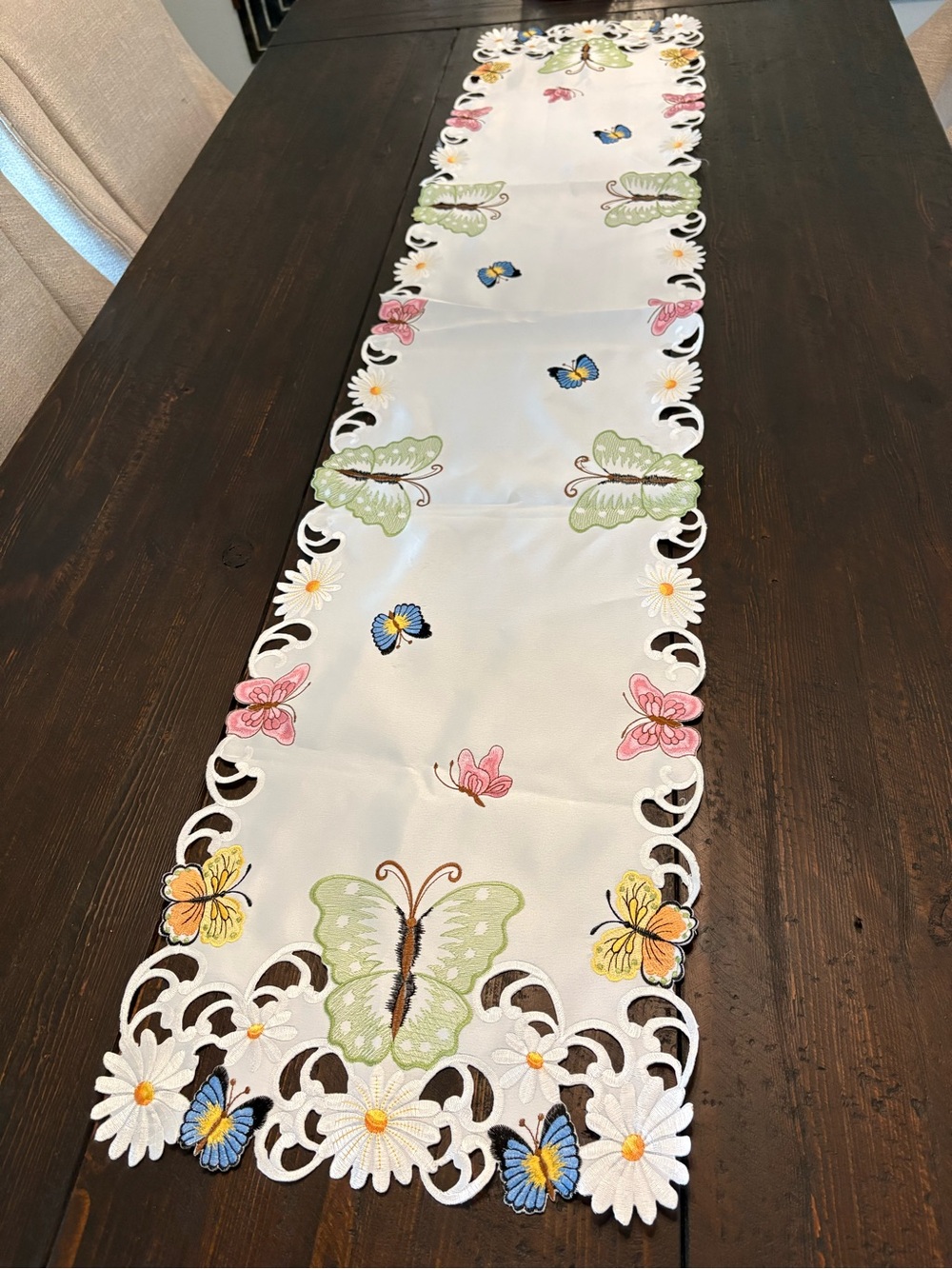 NWT Embroidered Butterfly Floral Cutwork Pastel Festive Table Runner 69”